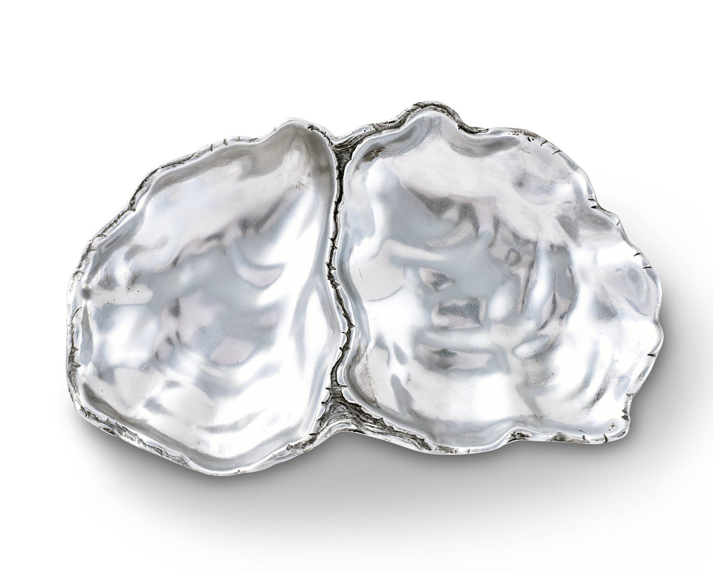 Arthur Court's sand-cast aluminum alloy is the perfect material for this Oyster shaped Catch-All Tray. The shiny luster of the tray mimics the inside of a real oyster to reflect the pretty objects you display on the tray or enhance the little treat tidbit As unique as the shell fish that inspired it's design, our Oyster Catch-All Tray is hand-crafted in Arthur Court's signature aluminum alloy. The design of an open oyster shell has plenty of room to hold glasses, keys or jewelry wherever you decide to displ