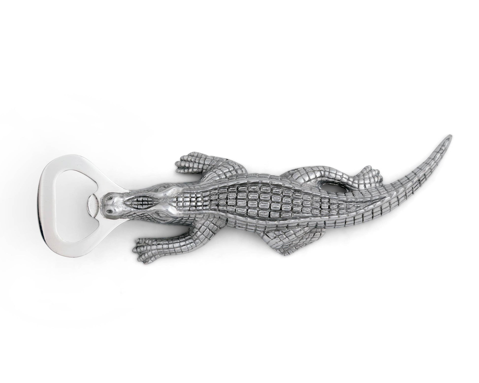 Rip the cap off any beer with this best-selling Alligator Bottle Opener from Arthur Court. Wonderfully detailed in Arthur Court's signature aluminum, this scaly alligator bites down, holding the stainless steel bottle opener with its powerful jaws. The remarkable definition in the creature's hide gives this statuette like opener a rough, naturally appealing texture. Size: L: 7.0" / W: 2.0" Care: Dust with damp cloth. Will not tarnish.