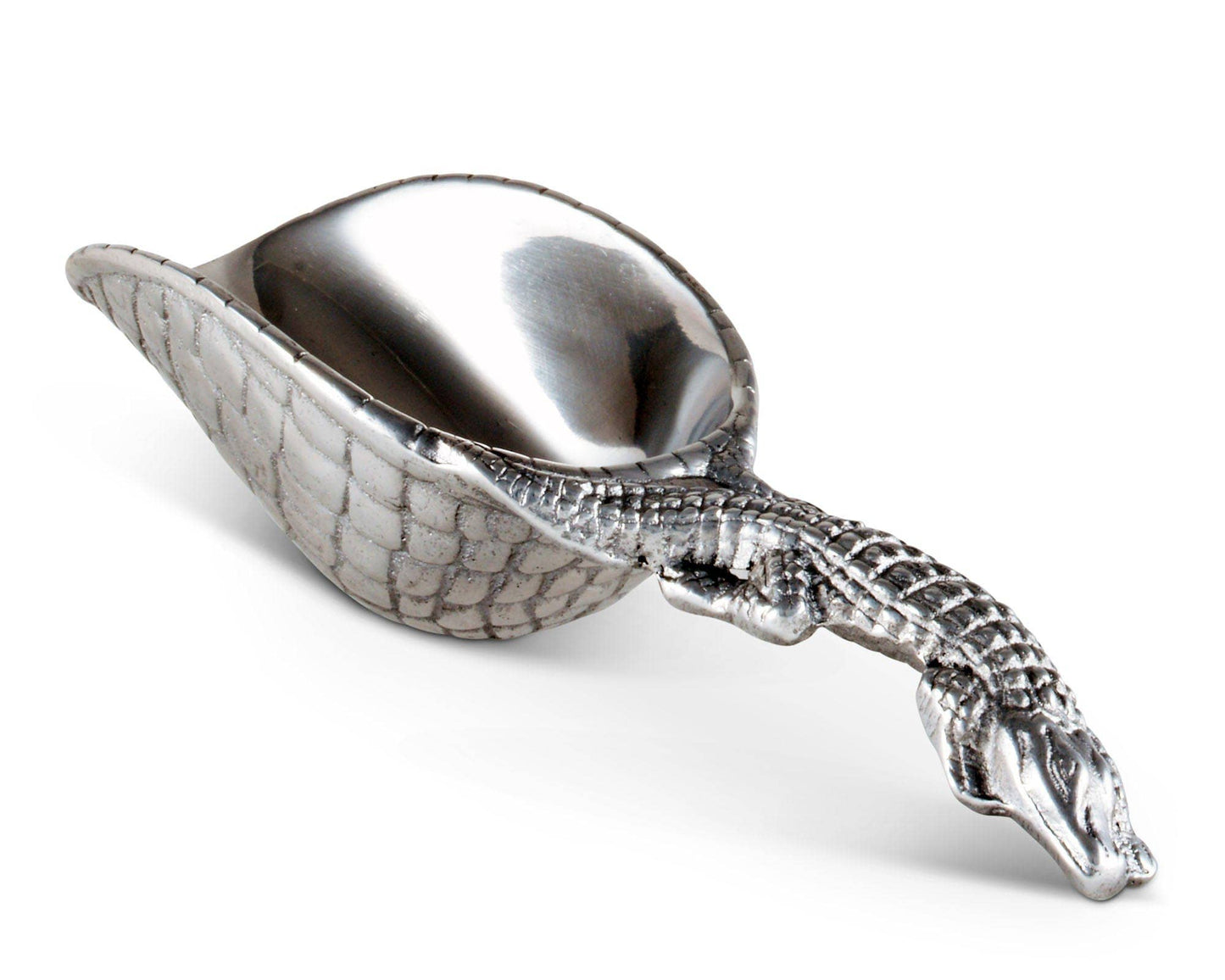 The alligator motif of this practical ice scoop is signature of Arthur Court Designs. Measuring 8 inches in length, the ice scoop is created in sand-cast aluminum. Functional and decorative, it makes serving drinks easy for the fastidious host or hostess. The handle is long enough to insure a firm grip. An alligator offers its ribbed, scaly body as the handle, infusing into the bowl as its tail continues to wind around the right edge. The bottom of the handmade, aluminum scoop mirrors the scaly pattern of t