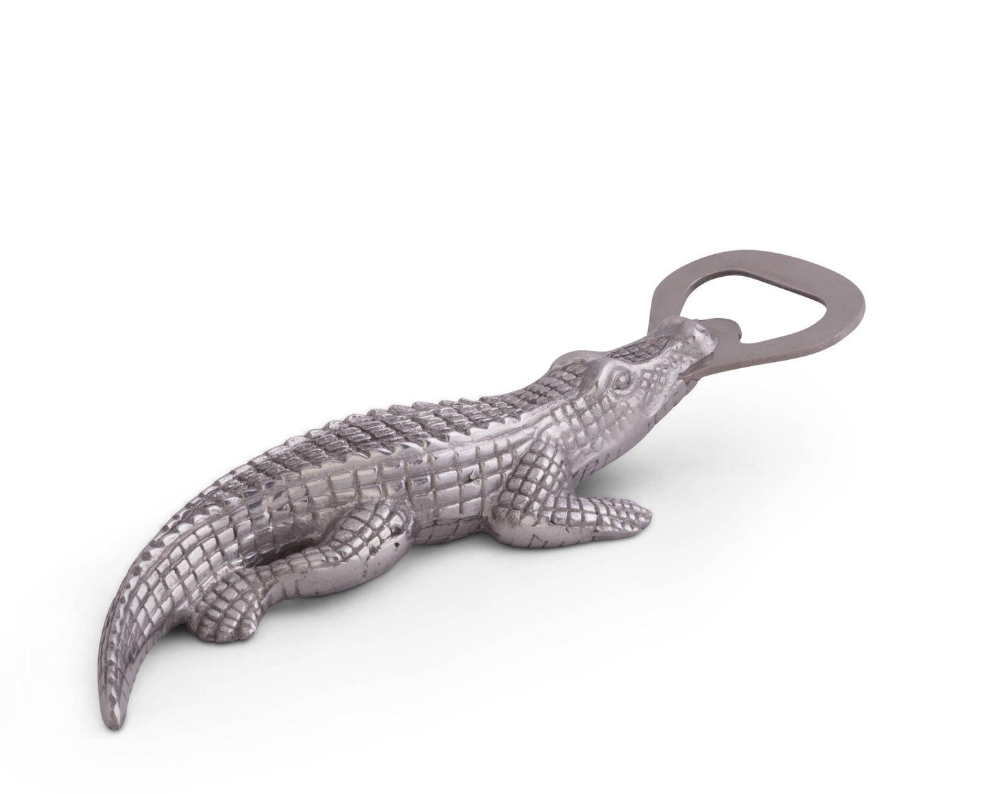 Rip the cap off any beer with this best-selling Alligator Bottle Opener from Arthur Court. Wonderfully detailed in Arthur Court's signature aluminum, this scaly alligator bites down, holding the stainless steel bottle opener with its powerful jaws. The remarkable definition in the creature's hide gives this statuette like opener a rough, naturally appealing texture. Size: L: 7.0" / W: 2.0" Care: Dust with damp cloth. Will not tarnish.