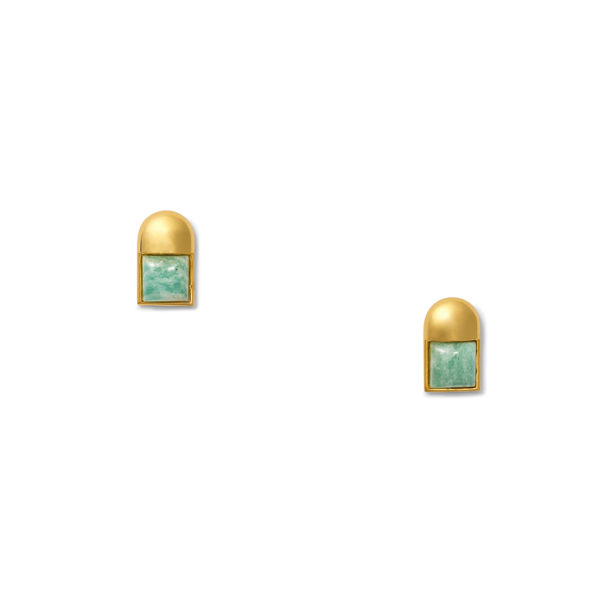 Petite modernism The Details Sculpted, sleek post earring with deco flair ¾” length 10 mm square cabochon detail Polished 14 karat gold over brass Surgical steel post with large hypoallergenic silicone back