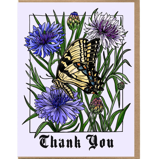 This Thank You card showcases the beautiful Swallowtail Butterfly and wild Bachelor Button flowers. • Designed by the talented Cayla Mattea Zeek in Lafayette, Louisiana, USA • Measures 4.25" x 5.5" when folded • Blank inside for your own heartfelt message • Printed on high-quality recycled cardstock • Comes with a recycled Kraft Brown envelope and eco-friendly clear sleeve made from plant-based materials for easy composting.