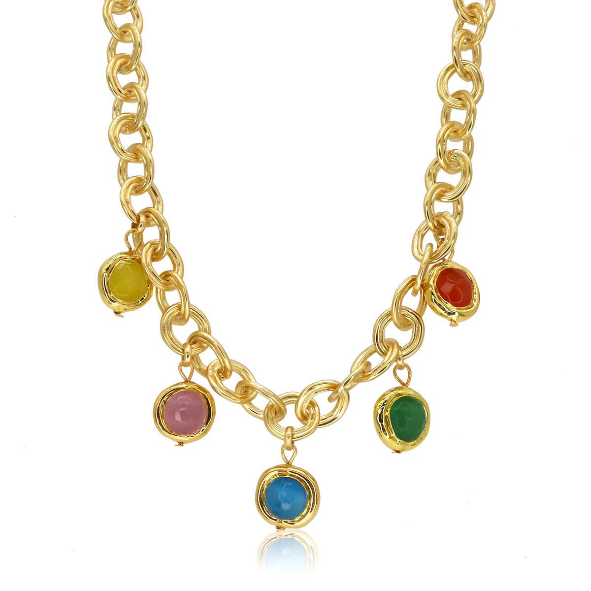 Add some spice to your wardrobe with our Coriandoli Charms Necklace! This necklace boasts our iconic etched link collar chain, adorned with an array of vibrant faceted beads. Crafted with pewter, plated with 24kt gold, sterling silver, or rose gold, and accented with colored beads. Measuring 16" with an additional 2" for the extender and secured with a lobster clasp. Bring some playfulness to your outfit with this charming statement piece.