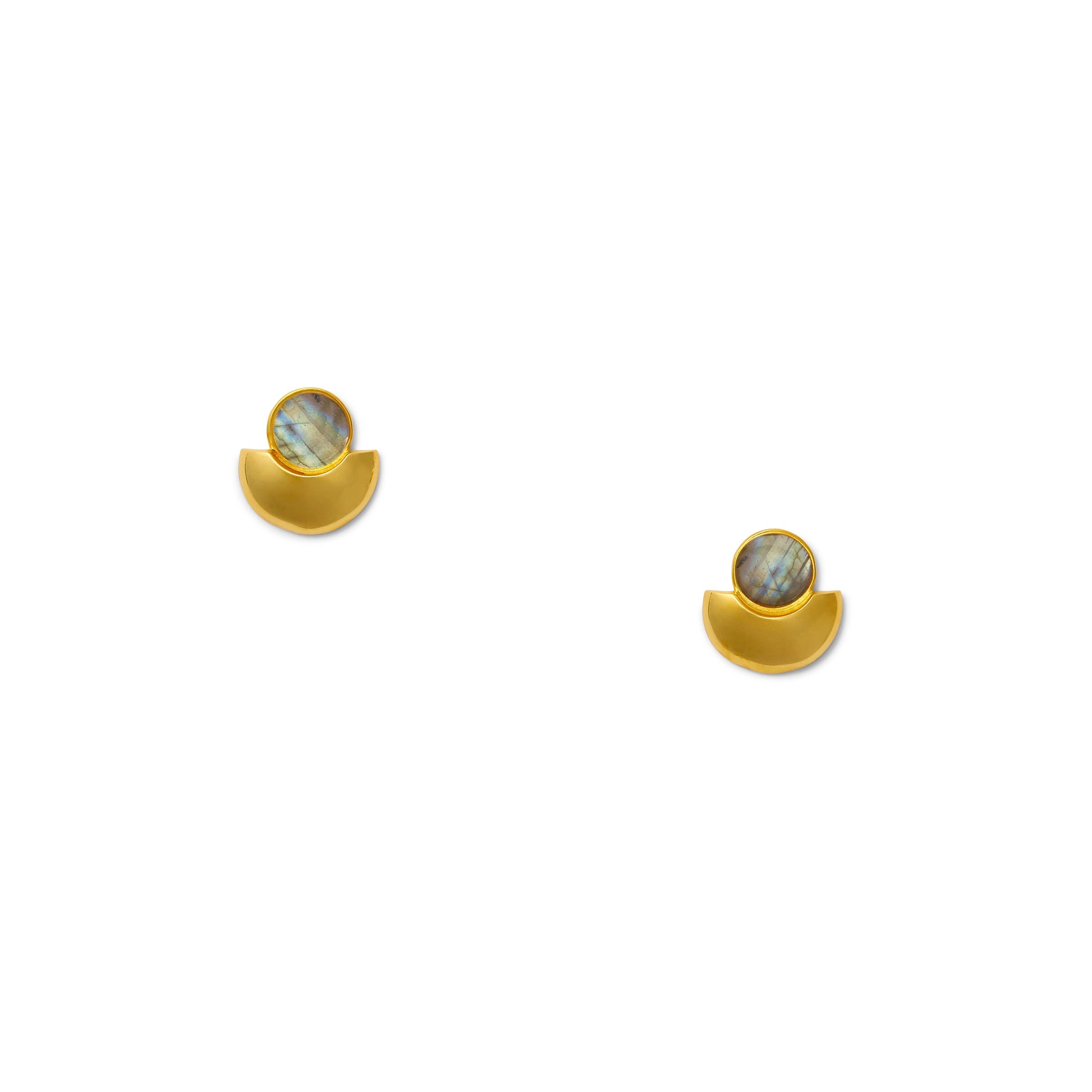 Swanky + sleek The Details Sculpted, modern post earring 2/3” x 2/3” 10mm round cabochon detail Polished 14 karat gold over brass Surgical steel post with large hypoallergenic silicone back