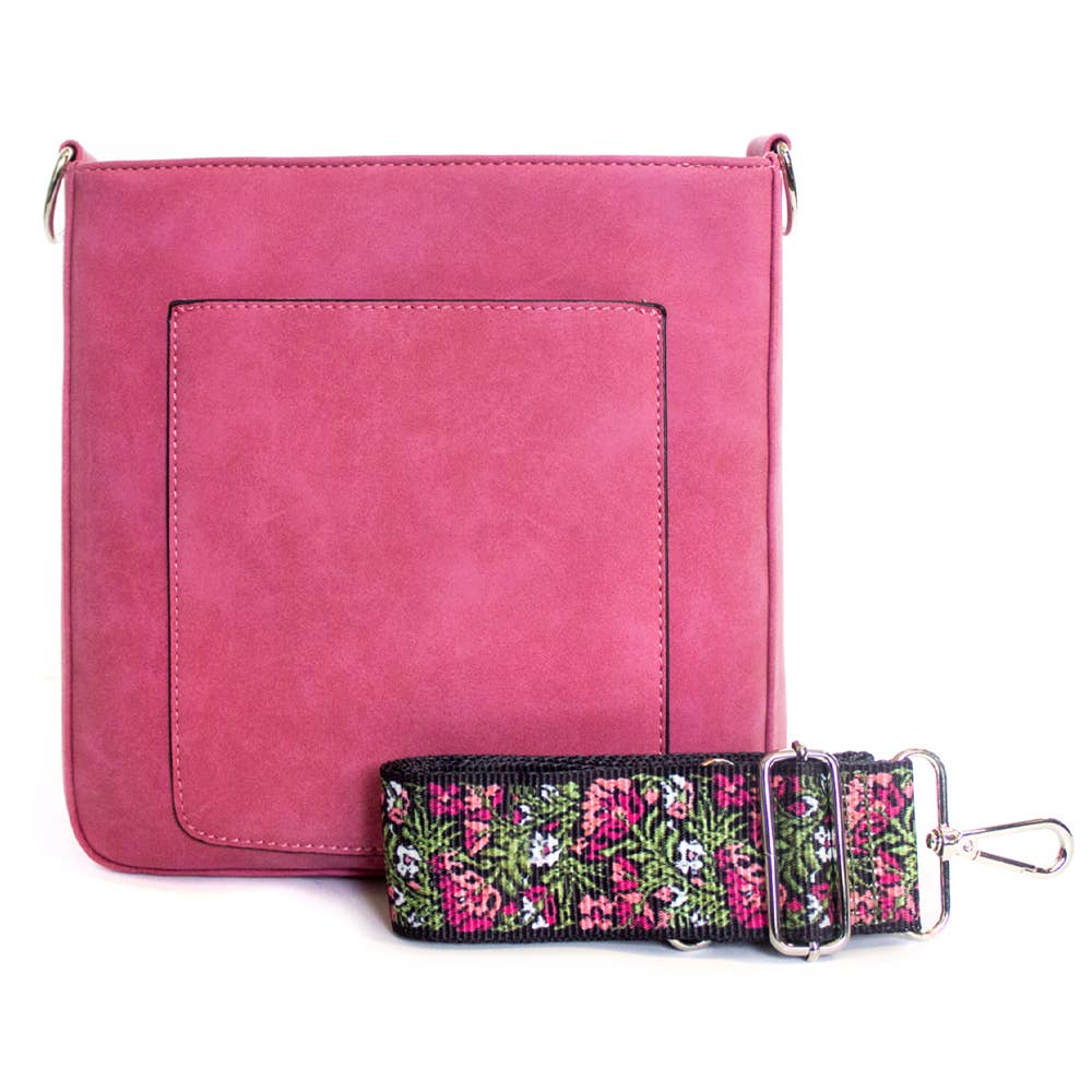 Dig the unique vibe of the May Suede Crossbody in Fuschia! Its soft, vibrant fabric and quirky guitar straps make it an instant fave. Plus, there's an extra strap for your low-key days. Open pocket, inner zip and RFID card slots, and snap closure add to its playful yet practical design. 9.5"W x 9.5"H x 3"D, with silver hardware and vegan leather.