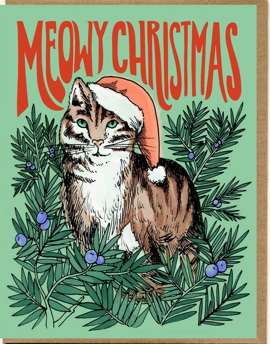 • "Meowy Christmas Card Designed by Cayla Mattea Zeek in Lafayette, LA" • Measures 4.25" x 5.5" Folded • Blank Inside for Your Creative Message • Made with Recycled Heavy Card-Stock Paper &amp; Eco-Friendly Materials • Includes Recycled Kraft Envelope &amp; Compostable PLA Sleeve!