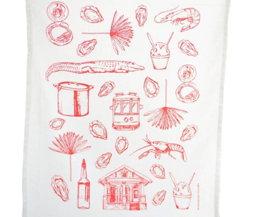 Introducing the New Orleans Patterns Tea Towel, made from natural cotton and printed using eco-friendly, non-toxic ink. With a unique design and measuring 26" x 19", this towel is perfect for adding a touch of whimsy to your kitchen decor. Machine washable and tumble dryable, although some gradual fading may occur (don't worry, it just adds character!). This towel also makes a great housewarming gift, so don't hesitate to spread the joy of quirky home goods from Statement Goods.