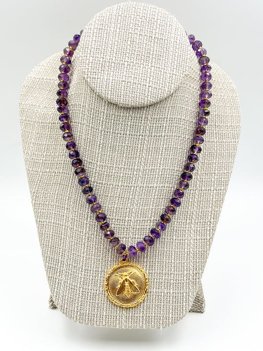 Amethyst and Bee Charm Necklace