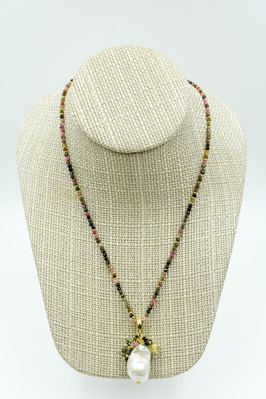 Baroque Pearl + Stone Necklace - Multi Color Stones