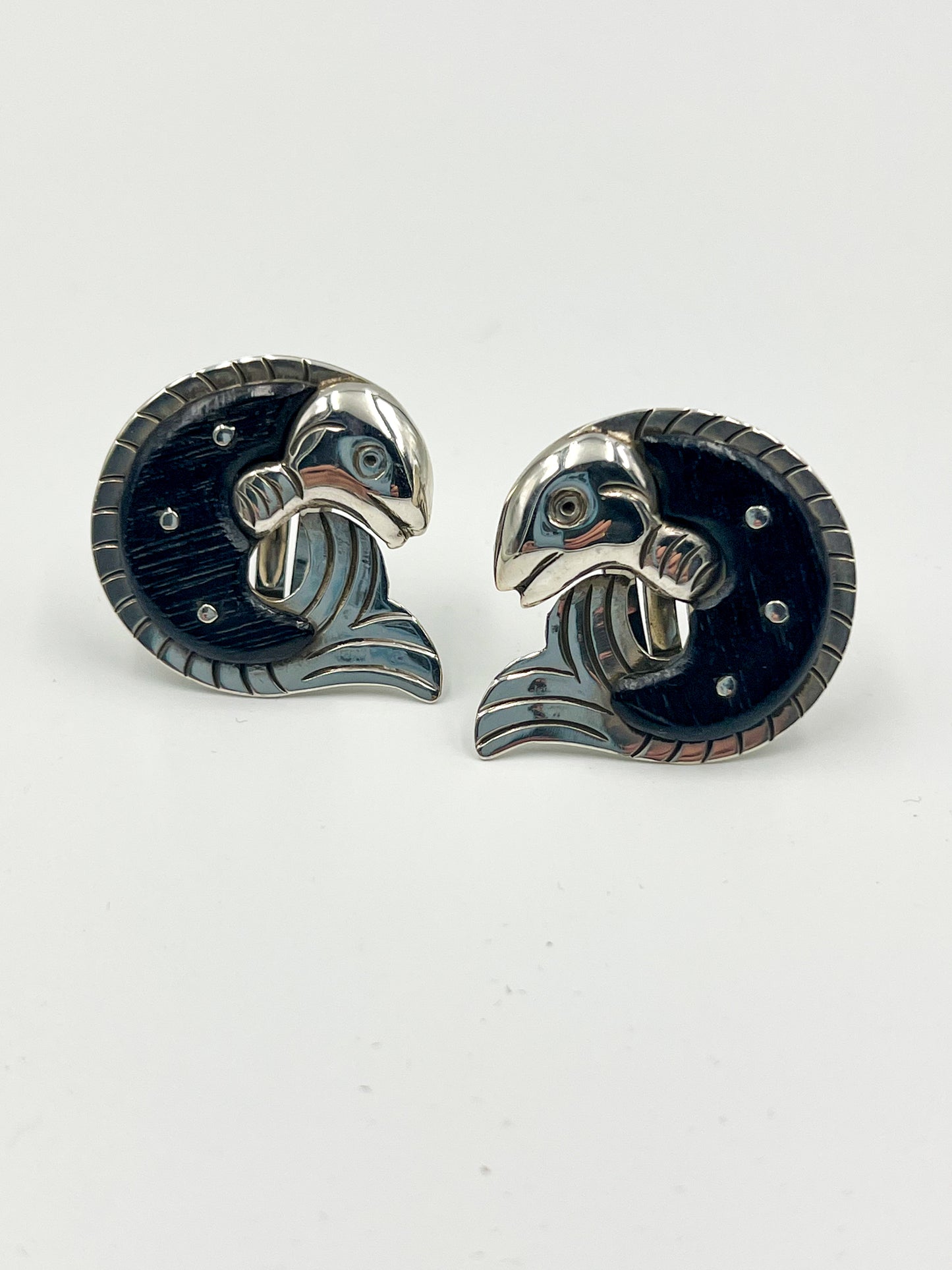 Sterling Silver and Ebony Fish Clip Earrings are made with durable black/brown hardwood. Silver and Ebony colors make them stand out. All items made after 1979 under Sucesores de William Spratling are marked with TS-24 Mexican registry mark and vintage Spratling hallmark.