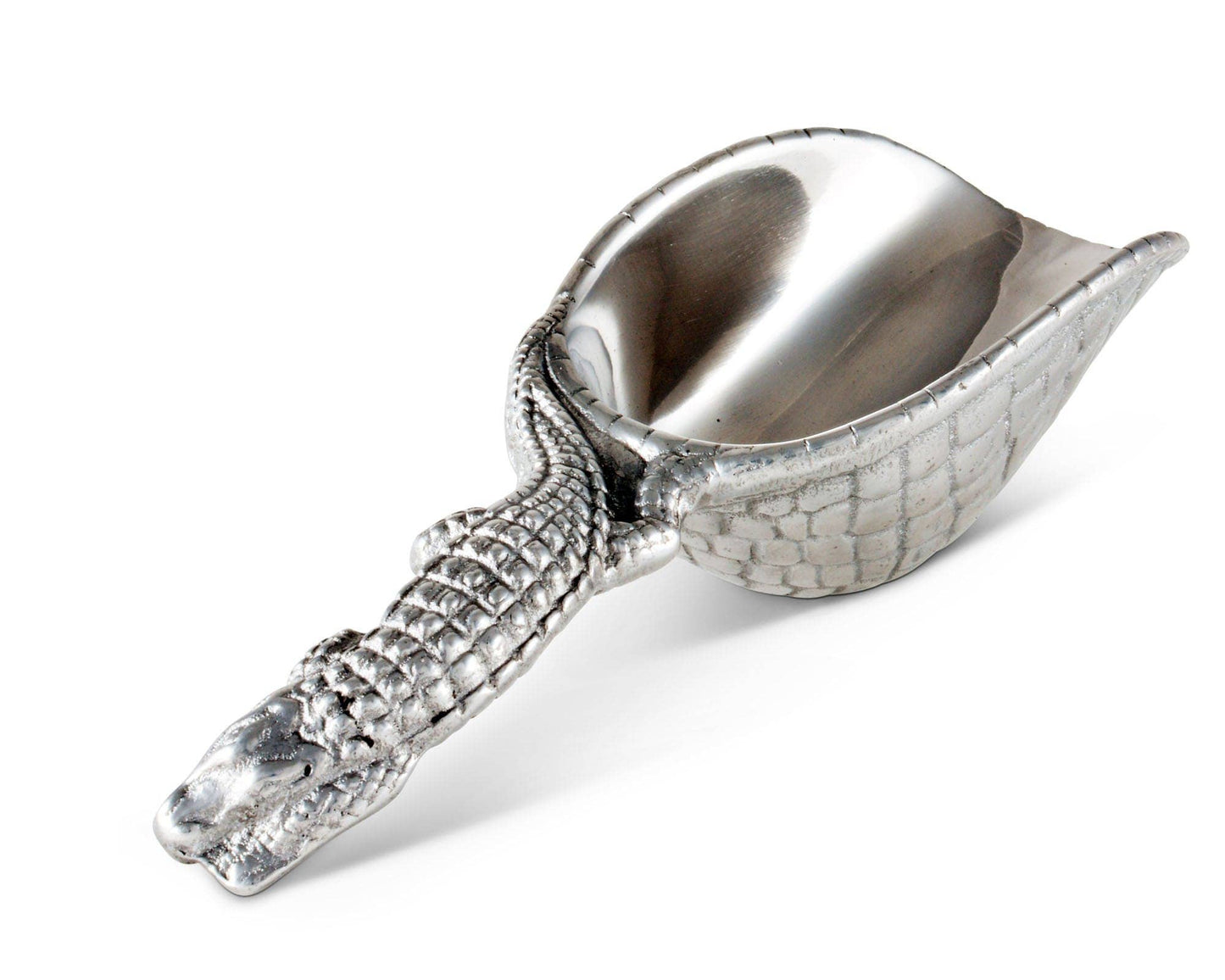 The alligator motif of this practical ice scoop is signature of Arthur Court Designs. Measuring 8 inches in length, the ice scoop is created in sand-cast aluminum. Functional and decorative, it makes serving drinks easy for the fastidious host or hostess. The handle is long enough to insure a firm grip. An alligator offers its ribbed, scaly body as the handle, infusing into the bowl as its tail continues to wind around the right edge. The bottom of the handmade, aluminum scoop mirrors the scaly pattern of t