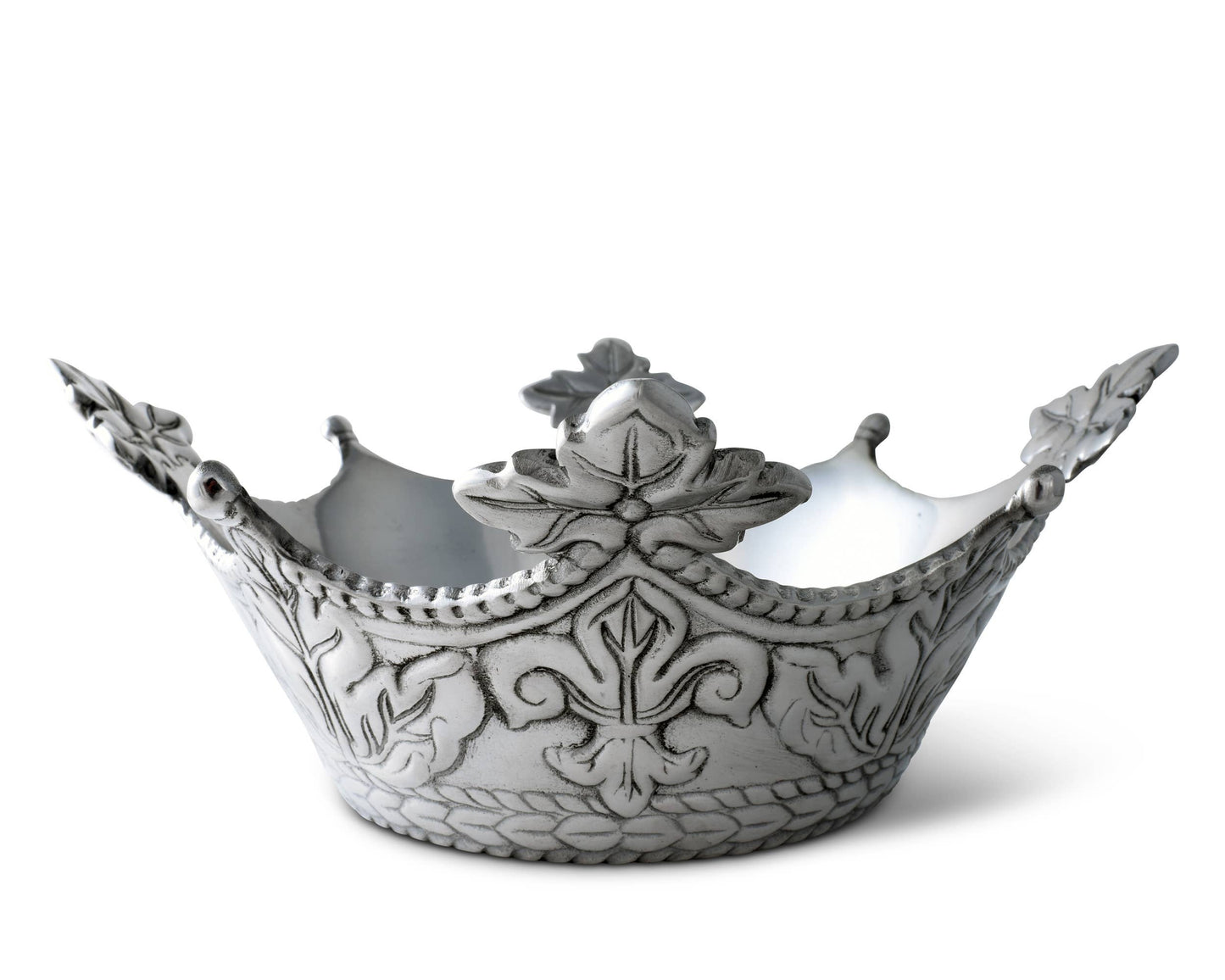 Mardi Gras Crown Serving Bowl: Sm - Diameter: 7"  Gorgeous leaf motifs alternate between rounded points at the top of this piece, while a beaded pattern sweeps along its curved edges. Fleur-de-lis symbols accompany more leaf designs around the sides as a ropy pattern circles the base of this handmade, aluminum bowl.