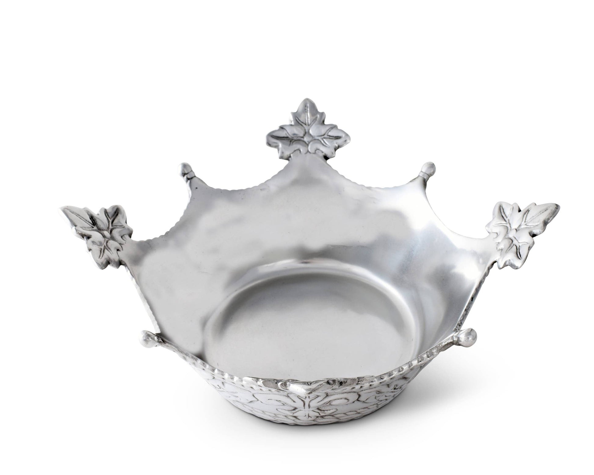 Mardi Gras Crown Serving Bowl: Sm - Diameter: 7"  Gorgeous leaf motifs alternate between rounded points at the top of this piece, while a beaded pattern sweeps along its curved edges. Fleur-de-lis symbols accompany more leaf designs around the sides as a ropy pattern circles the base of this handmade, aluminum bowl.