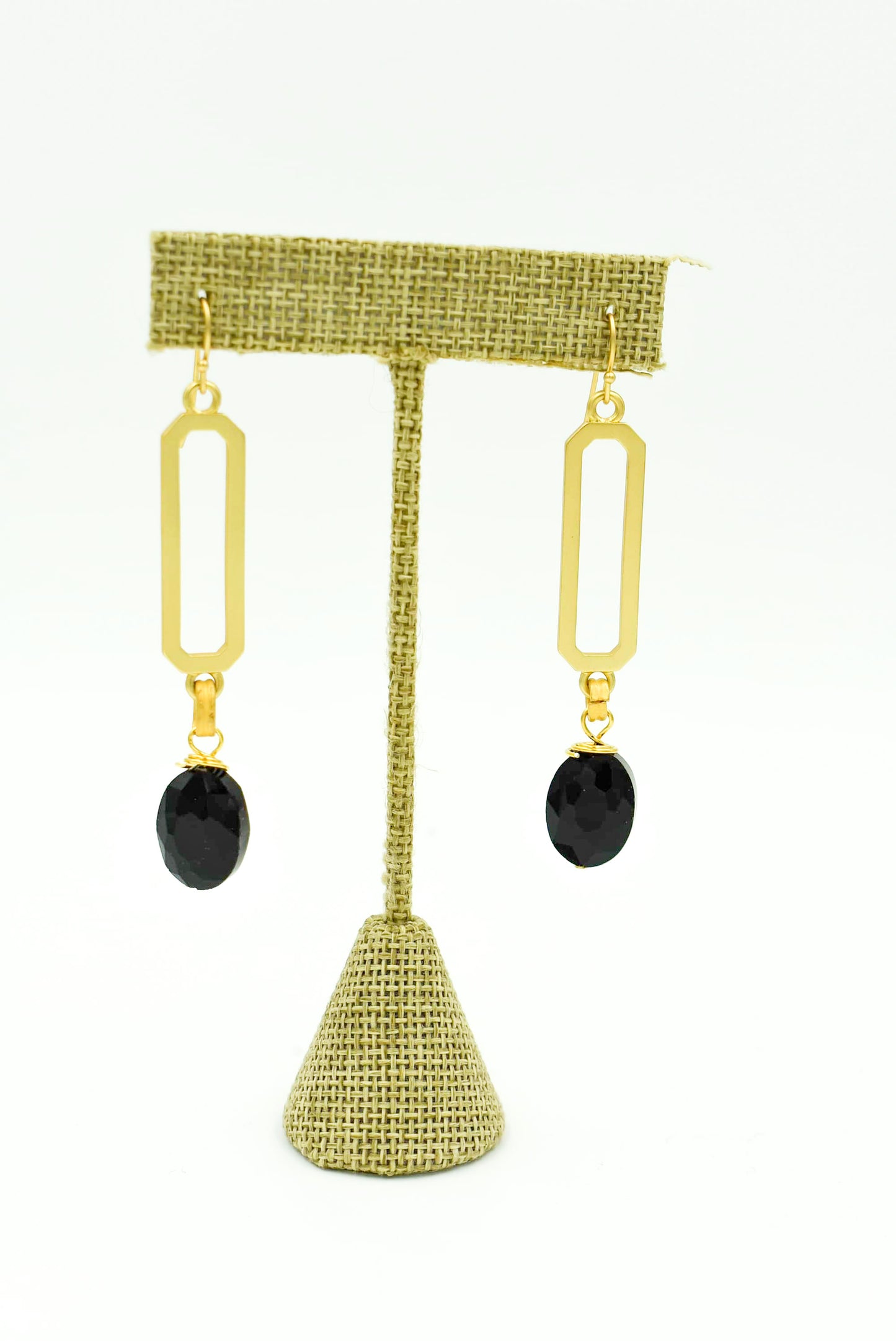 Paperclip Design Oval Black Velvet Drop Matte Gold Earrings Measures 2.5"